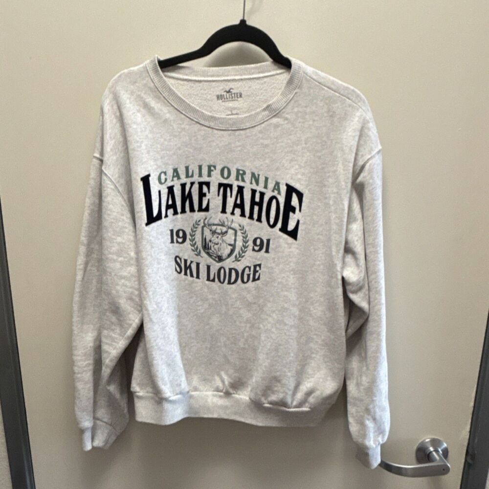 Hollister Lake Tahoe Ski Lodge Graphic Fleece Crewneck Sweatshirt Gray Men's L